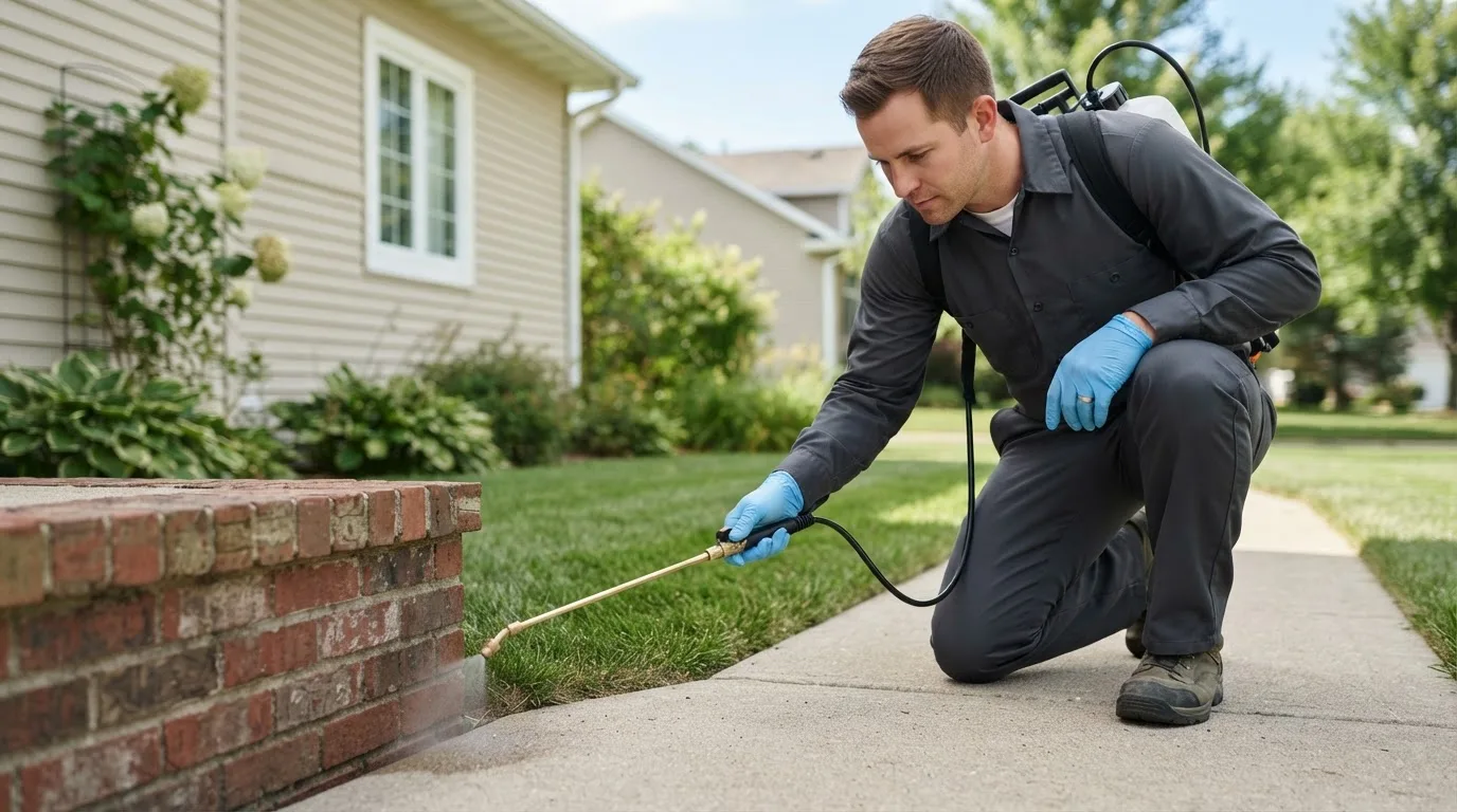 Pest control technician treating a home near Brockton, MT